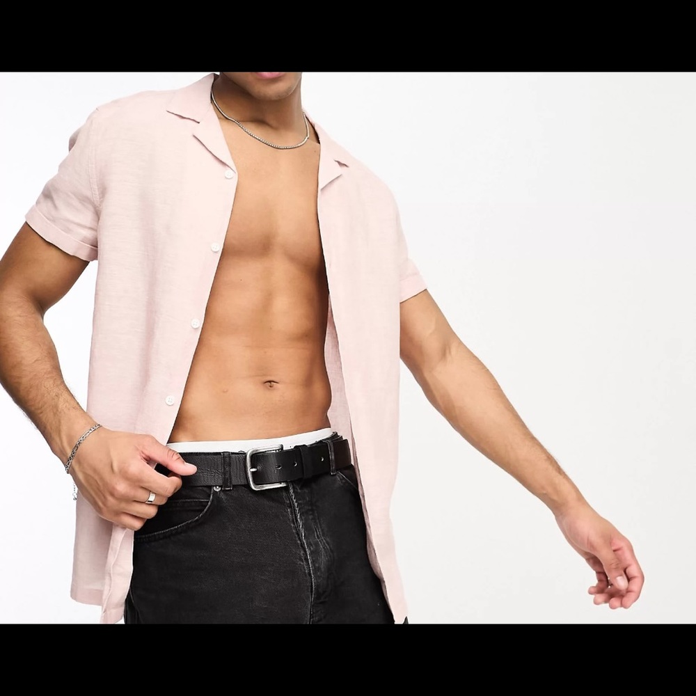 Mens linen blend rolled short sleeve button down